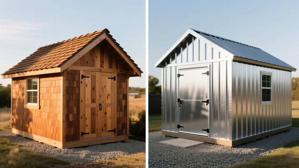 Split-screen comparison showing a custom cedar wood shed with architectural shingles next to a prefabricated galvanized steel shed on a gravel pad