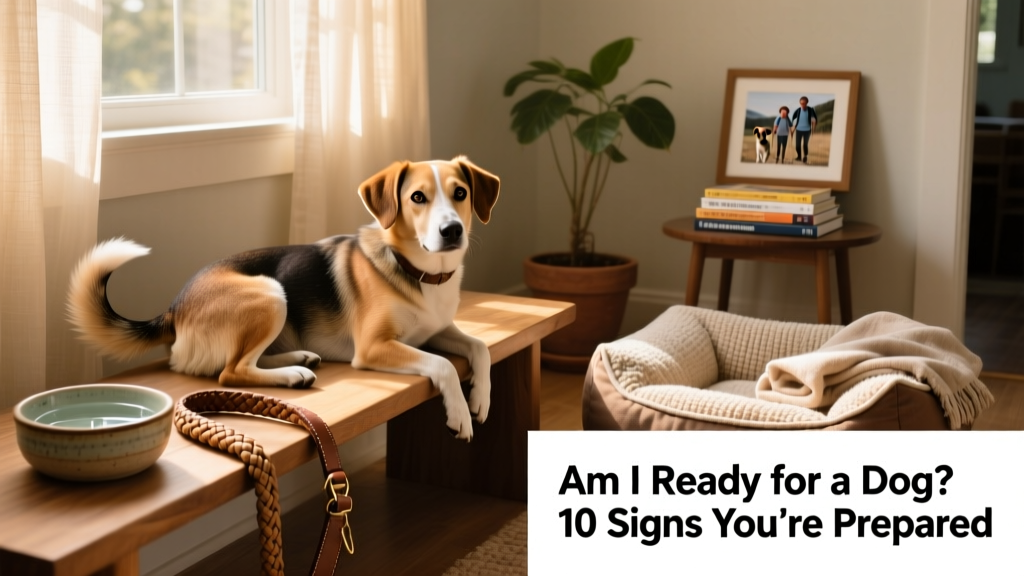 A calm, happy mixed-breed dog resting beside a cozy home setup with a leash, water bowl, and soft bed nearby