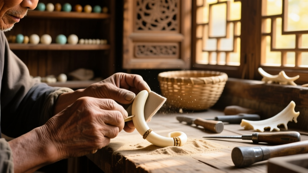 Artisan hands carefully polishing a pale cream camel bone bead using fine sandpaper in a sunlit traditional workshop setting