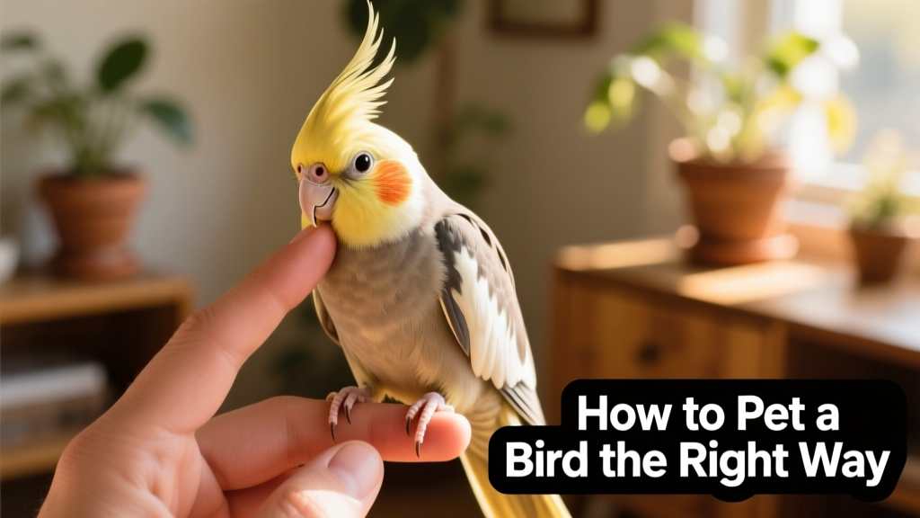 A cockatiel perched on a finger, head slightly tilted as a person gently strokes its cheek with one finger