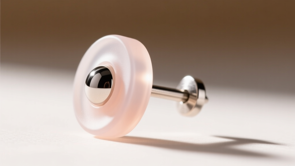 Close-up of a clear silicone comfort disc earring back sliding onto an 18-gauge titanium stud post under bright lighting.