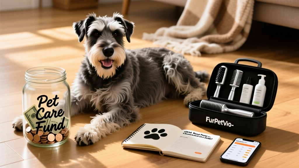 A happy Giant Schnauzer resting beside a labeled savings jar marked 'Pet Care Fund' and a FurPetVo-branded grooming kit