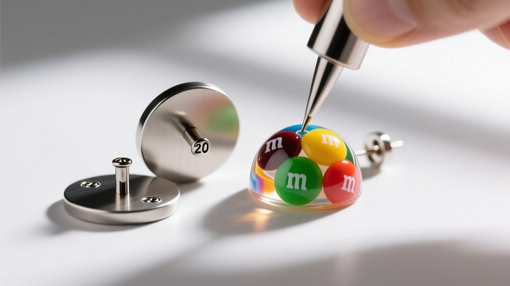 Flat stainless steel earring pads with 20-gauge posts being glued to the back of cured, dome-shaped M&M resin cabochons.