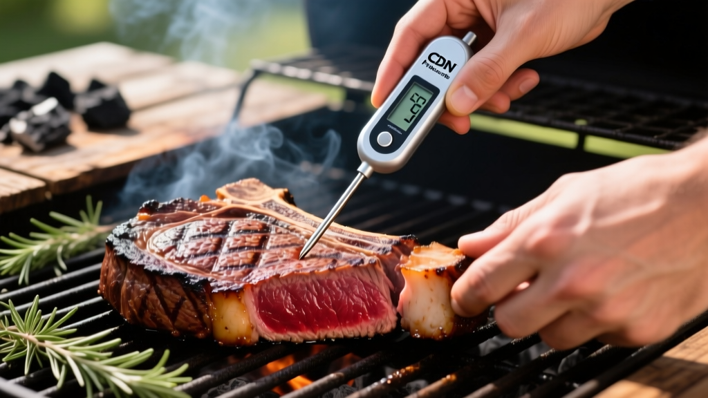 Hands using a CDN ProAccurate digital thermometer to check internal temperature of a thick cast-iron seared ribeye steak on an outdoor grill