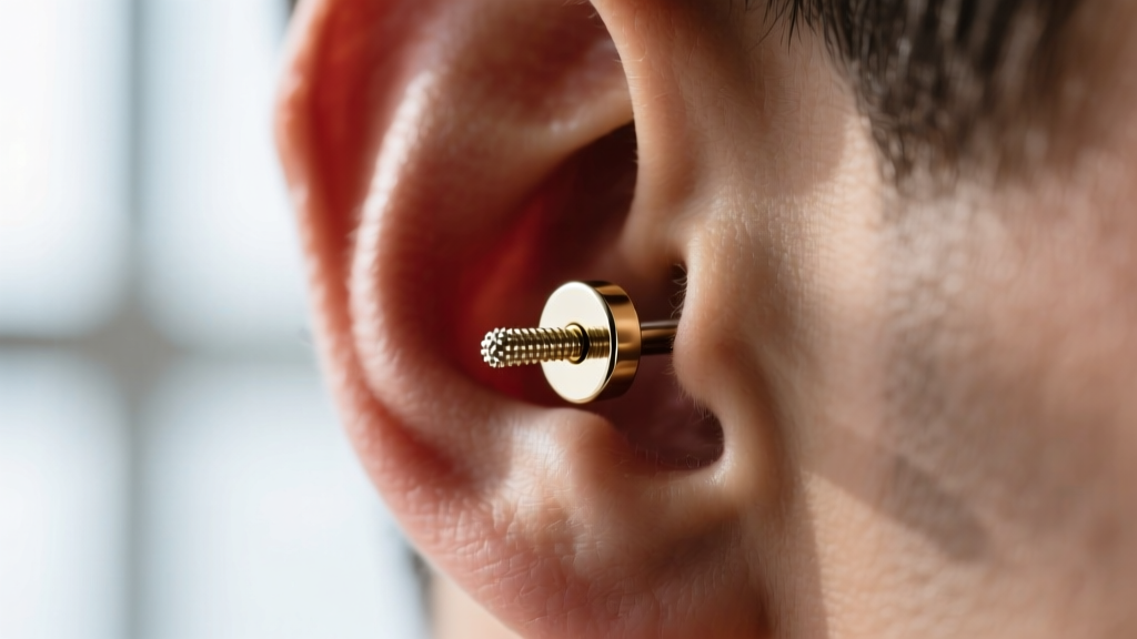 Close-up of a 16-gauge 14k white gold threaded labret stud in a male helix piercing, showcasing the mirror polish finish
