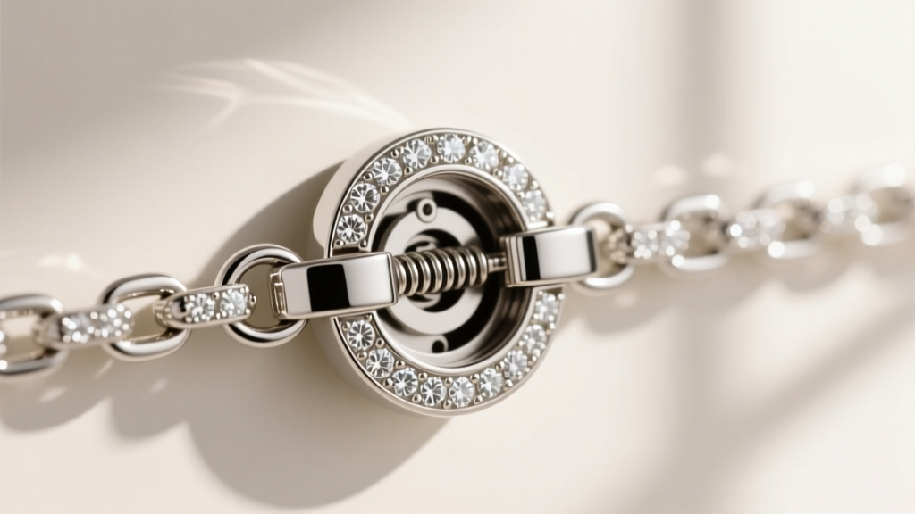Macro view of a double-latch box clasp on a diamond chain, showing the internal spring mechanism and figure-8 safety latch.