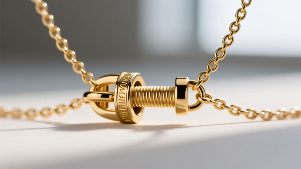 Close-up of a modular 14k gold interchangeable charm necklace clasp mechanism, showing threaded barrel lock and 1.2mm rolo chain.