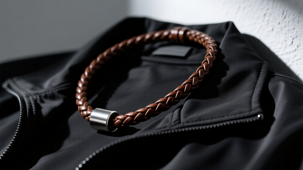 Close-up of a dark brown braided leather cord necklace with a brushed steel cylindrical bead on a black techwear jacket, moody lighting.