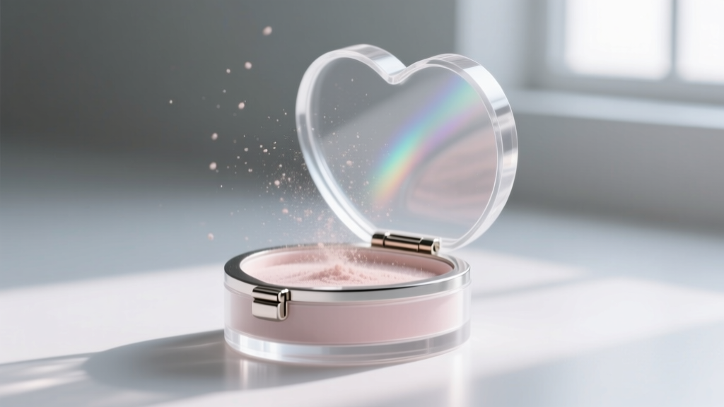 Translucent cast acrylic heart jewelry box with a powder-coated aluminum hinge, displaying static-cling dust particles on the lid