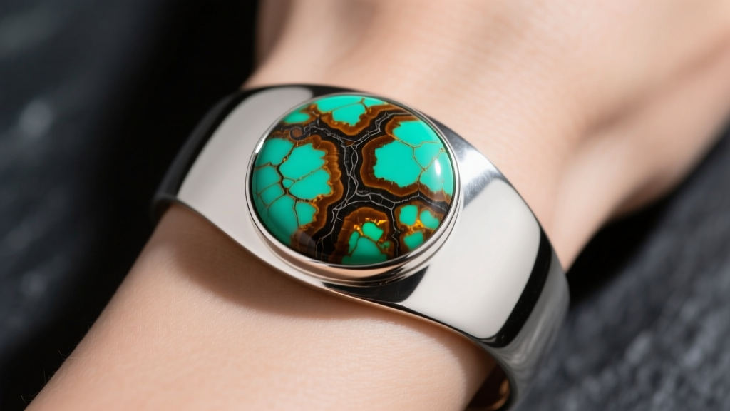 Sterling silver cuff bracelet featuring a large oval Royston turquoise cabochon with rich brown matrix, on dark slate.