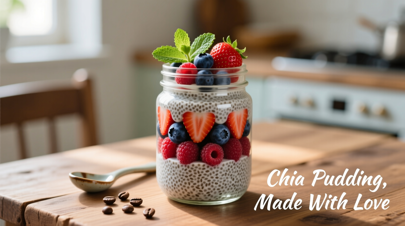 Homemade chia seed pudding in glass jar with fresh berries