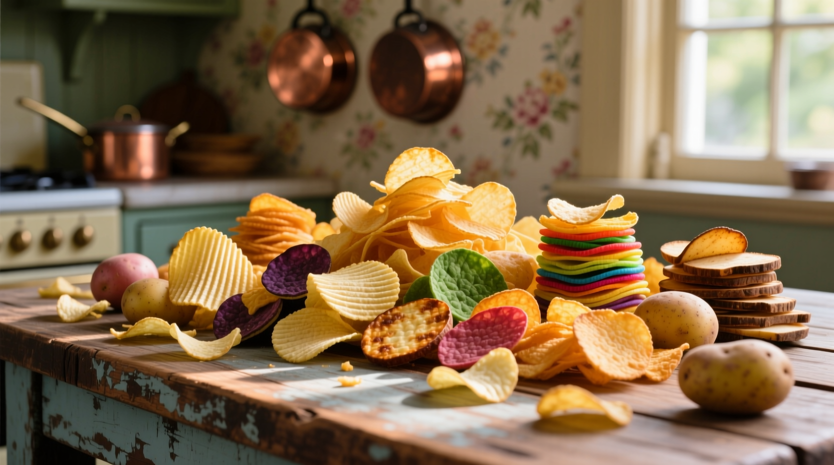 Colorful assortment of potato chip varieties on wooden table