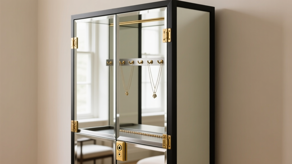 Side profile of a tall mirrored jewelry armoire with hidden necklace hooks, solid brass hinges, and a secure combination lock.