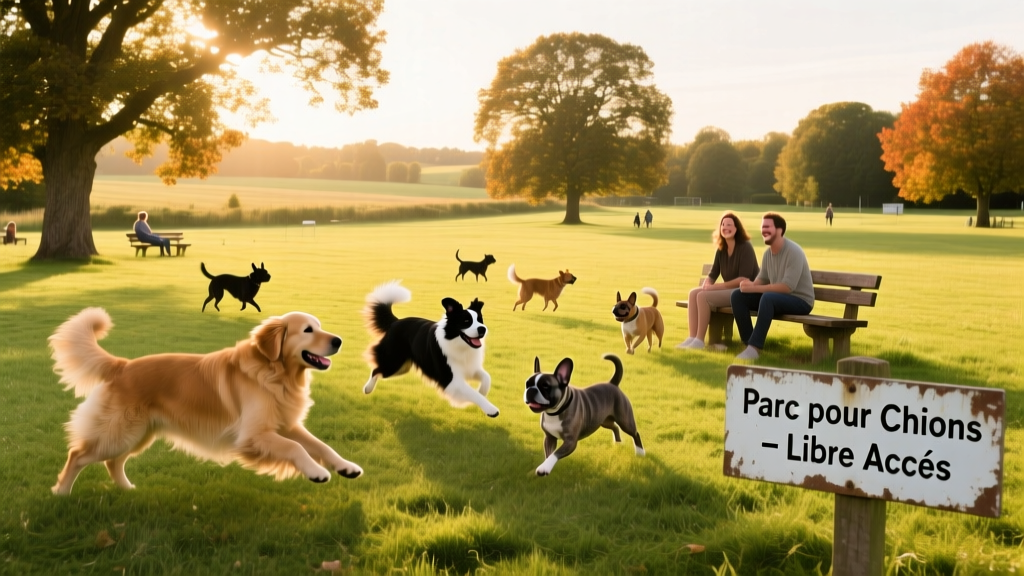 A sunny, grassy dog park in France with dogs running freely and trees lining the perimeter
