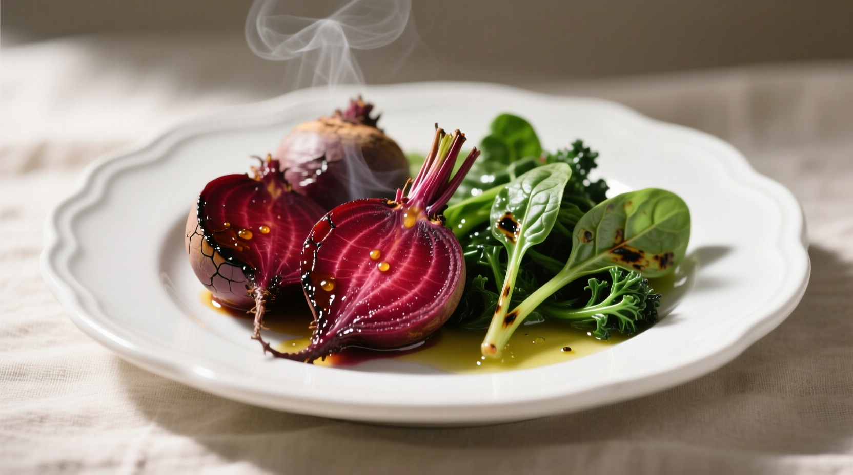 Roasted beets and sautéed greens on white plate