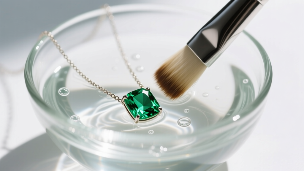 Soft brush gently cleaning a small emerald necklace submerged in a glass bowl of lukewarm water and mild soap under bright lighting.
