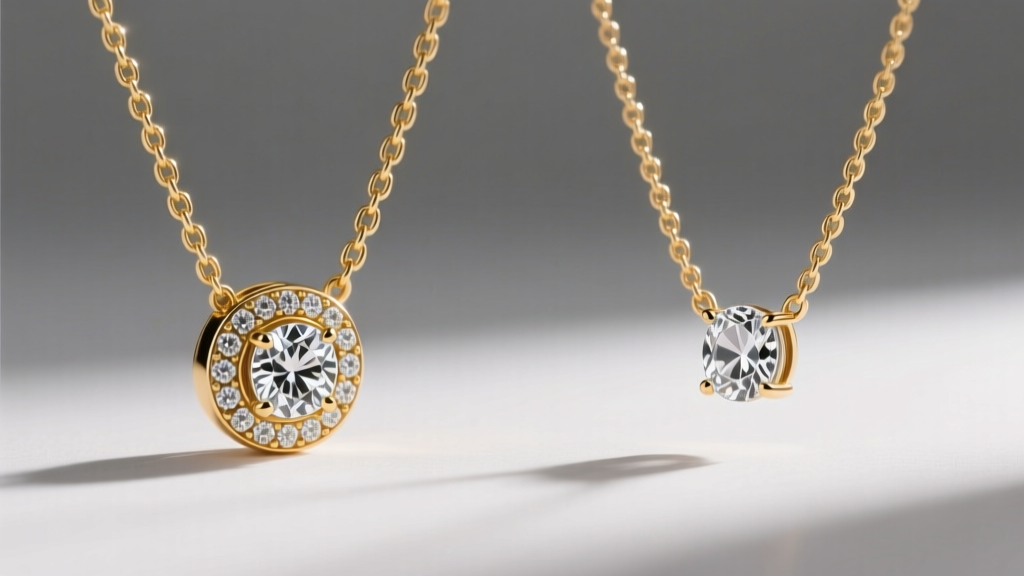 Side view of a secure bezel setting and a fragile illusion setting on a gold chain necklace against a soft neutral gray background