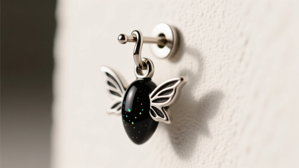 Macro shot of a 20-gauge titanium earring post attached to a small black resin soot sprite charm using a secure closed jump ring.