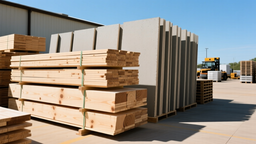 Discounted pressure-treated pine lumber and surplus fiber cement siding stacked at a building supply yard in Oxford Mississippi