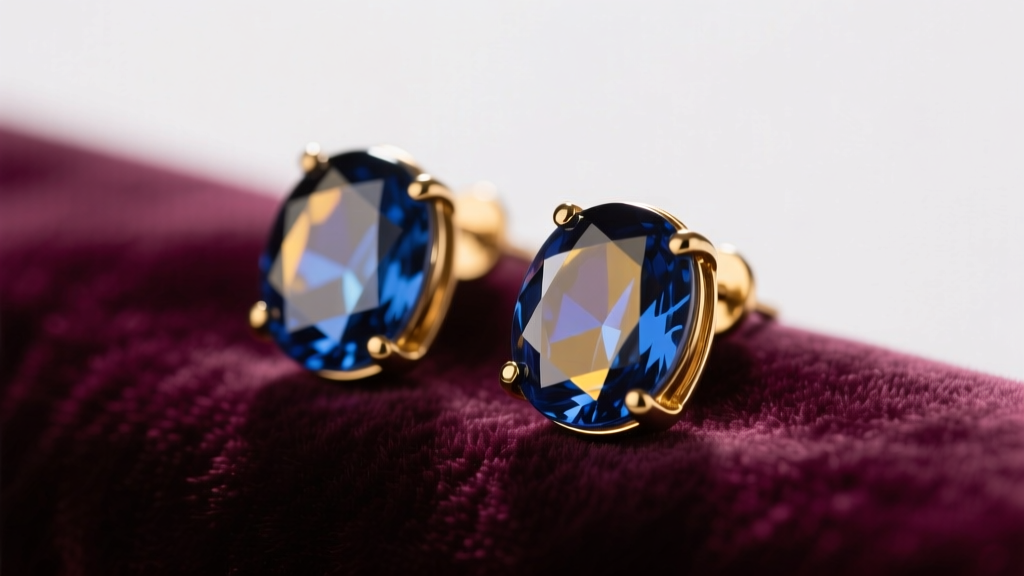 Vintage saphiret glass earrings in brass on velvet, showing a steel-blue to gold dichroic color shift under studio lighting