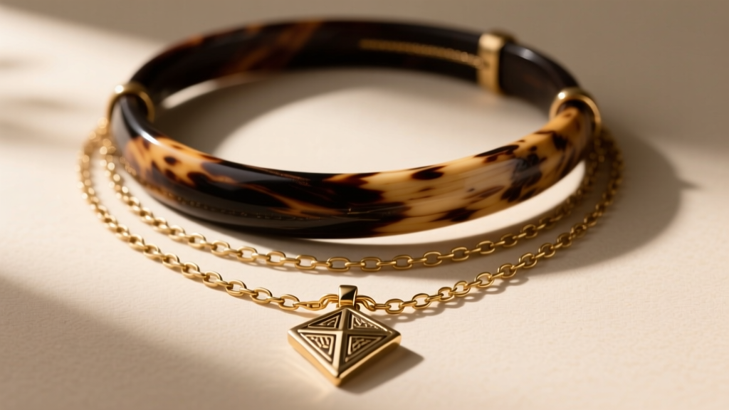 A layered necklace stack featuring a dark stained camel bone choker and a long raw brass chain with a geometric bone pendant