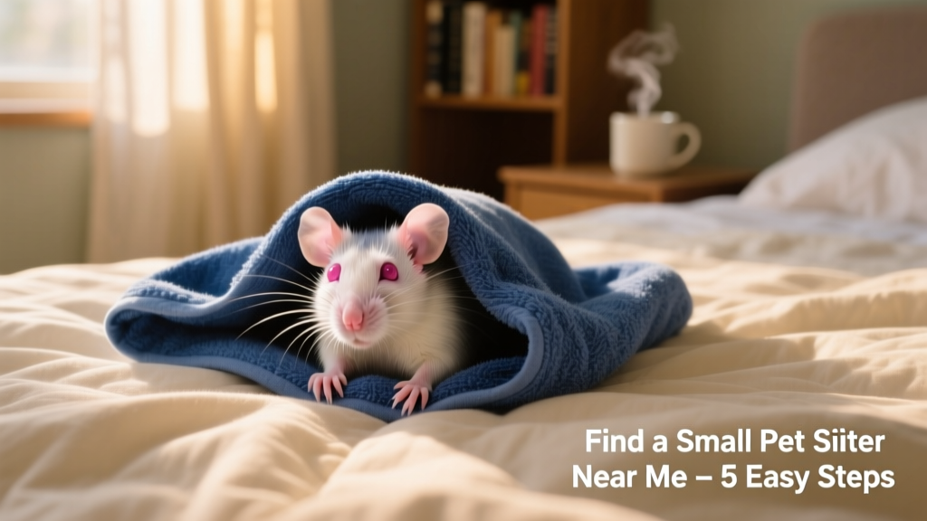 An albino rat peeking out from under a folded blue towel on a cozy duvet