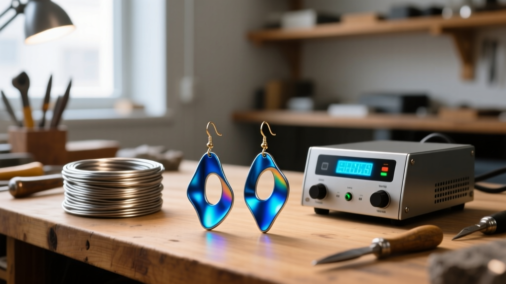 Jeweler workbench with raw niobium wire, an anodizing power supply, and finished vibrant blue asymmetric handmade earrings.
