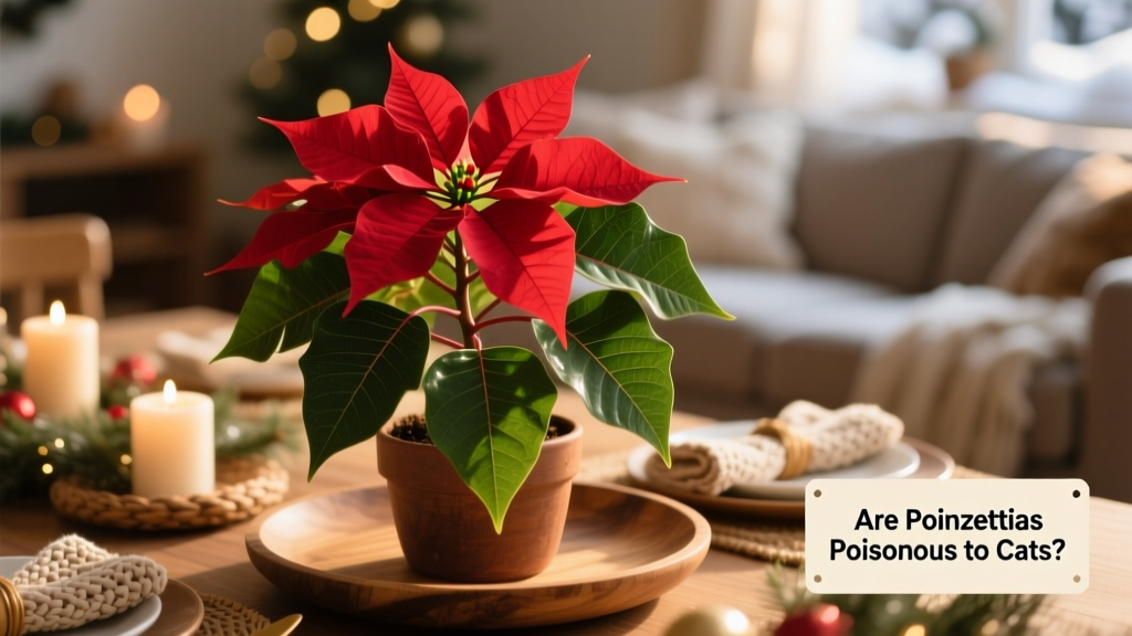 A close-up of a healthy red-and-green poinsettia plant on a festive tabletop