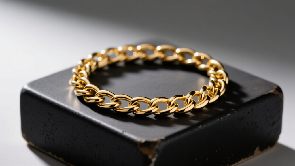 Delicate 14k gold-filled lala links chain resting on a dark ceramic welding block, illuminated by focused studio lighting.