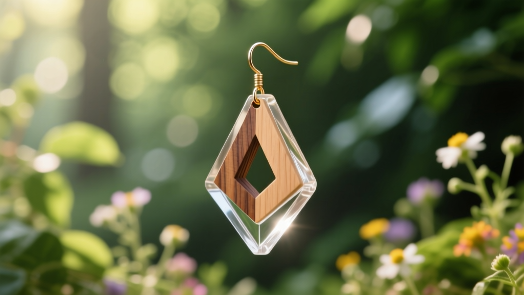 Side profile of a lightweight cedar geometric drop earring coated in clear resin against a blurred botanical background