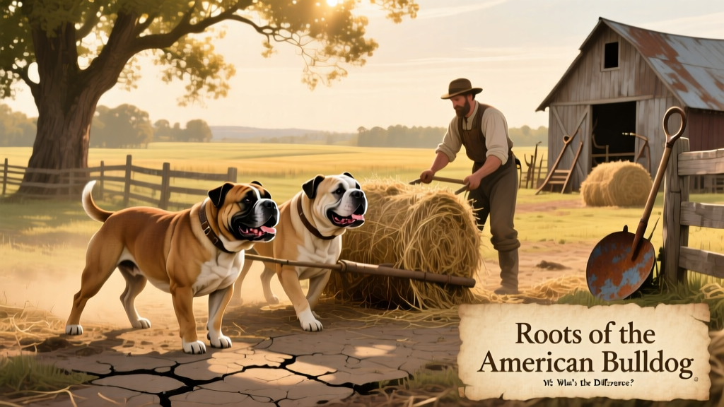 Historical illustration showing early working dogs on a Southern farm, representing the roots of the American Bulldog