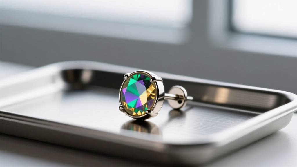 Macro shot of an 18-gauge titanium moon stud earring with a bezel-set rainbow moonstone resting on a sterile metal piercing tray