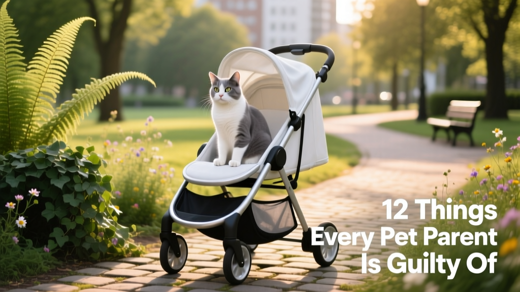 A sleek, modern pet stroller parked outdoors with a calm cat sitting inside, surrounded by greenery