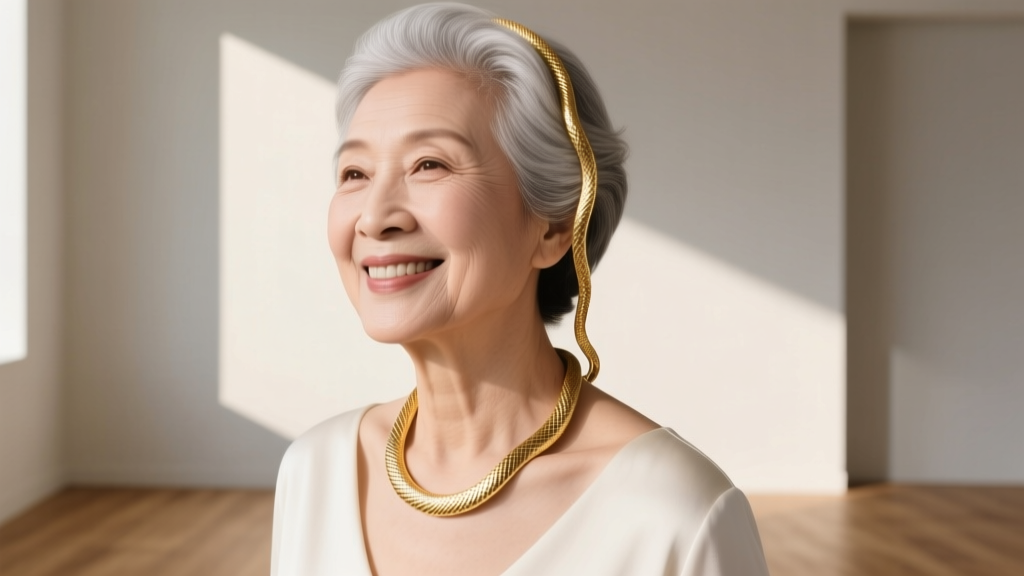 Elegant older woman smiling while easily slipping a continuous 14k gold snake chain necklace over her head in soft morning light.