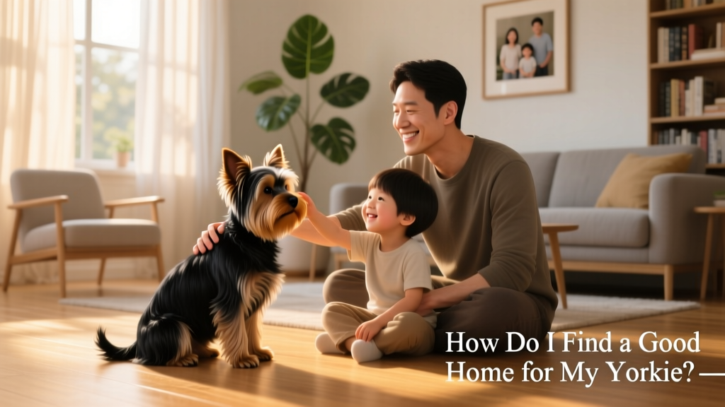 A gentle, well-groomed Yorkie sitting calmly beside a smiling adult and child in a sunlit living room