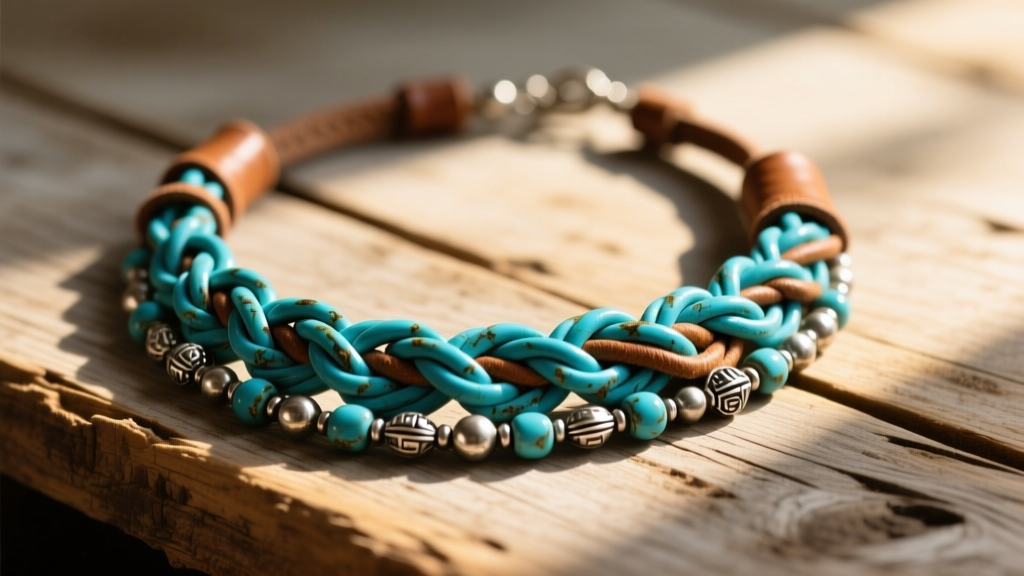 Tangled turquoise and leather long boho necklace on rustic wood, soft sunlight highlighting complex knots and oxidized silver beads