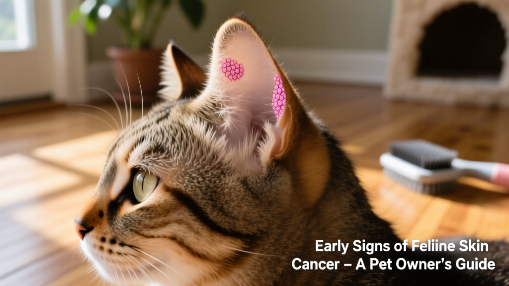 Close-up of a cat’s ear showing a small, scaly pink lesion—typical early sign of squamous cell carcinoma
