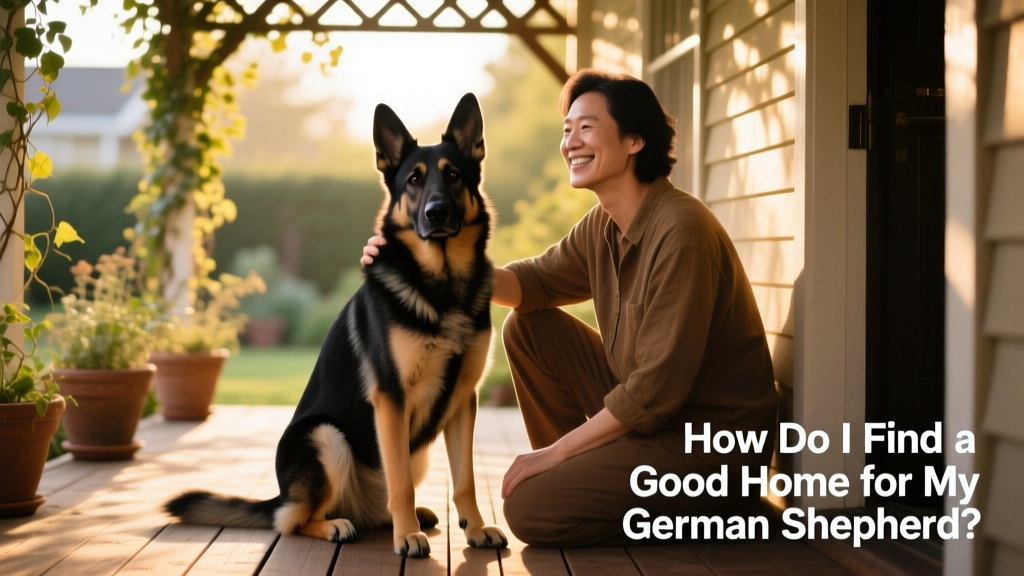 A calm, well-groomed German Shepherd sitting beside a smiling adult on a sunlit porch