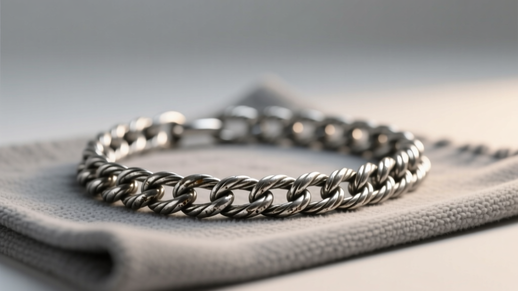 Tarnished 925 sterling silver rope chain on a grey microfiber cloth, illuminated by soft, warm directional studio lighting.