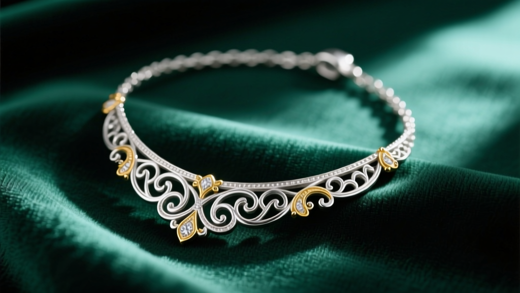 Close-up of a 925 sterling silver hasli necklace with matte gold vermeil accents resting on dark emerald green silk fabric.