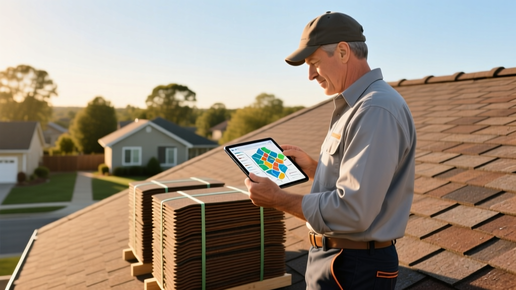 Roofing contractor reviewing digital tablet showing supply chain maps while standing next to stacked bundles of synthetic slate shingles on a residential roof