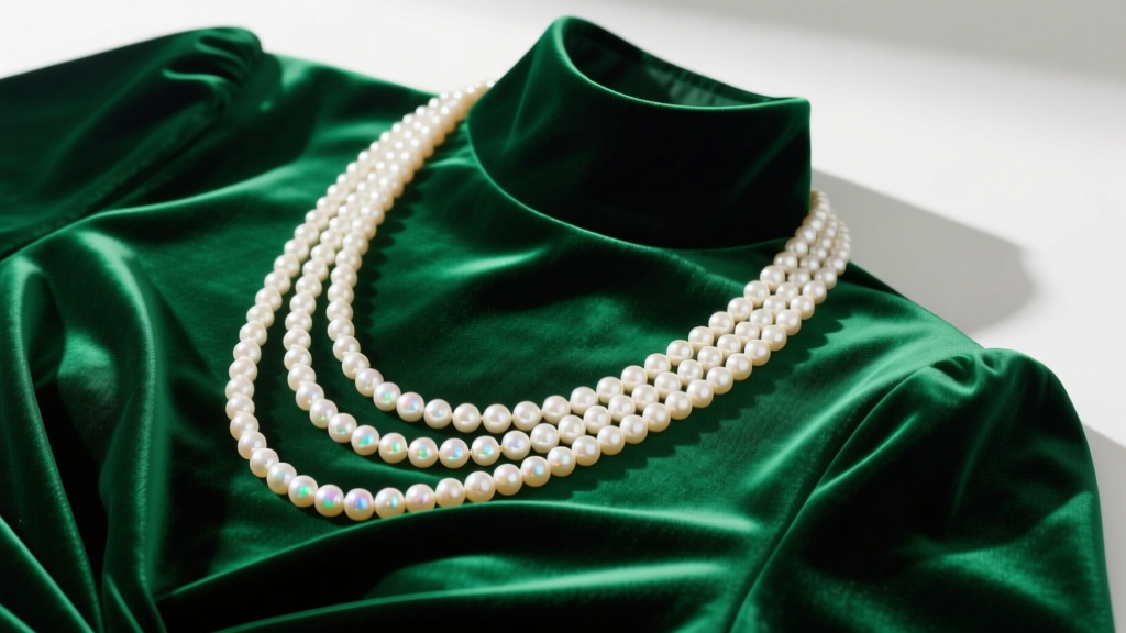 Flat lay of a 30-inch opera-length pearl pendant necklace draped elegantly over a folded emerald green high-neck velvet dress