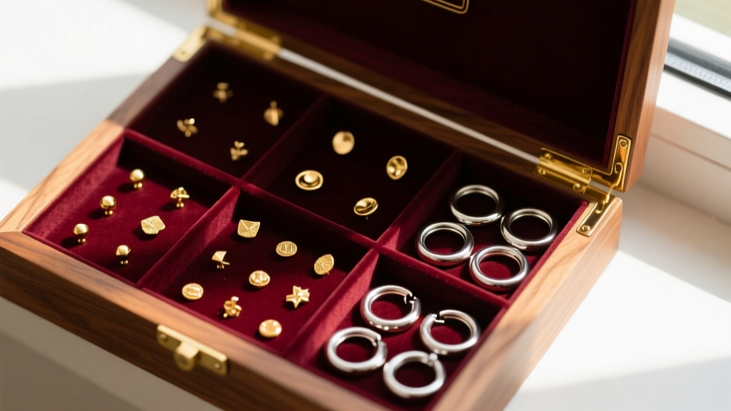 Overhead view of a neatly organised velvet-lined wooden jewellery box with separate compartments for gold studs and silver hoops.