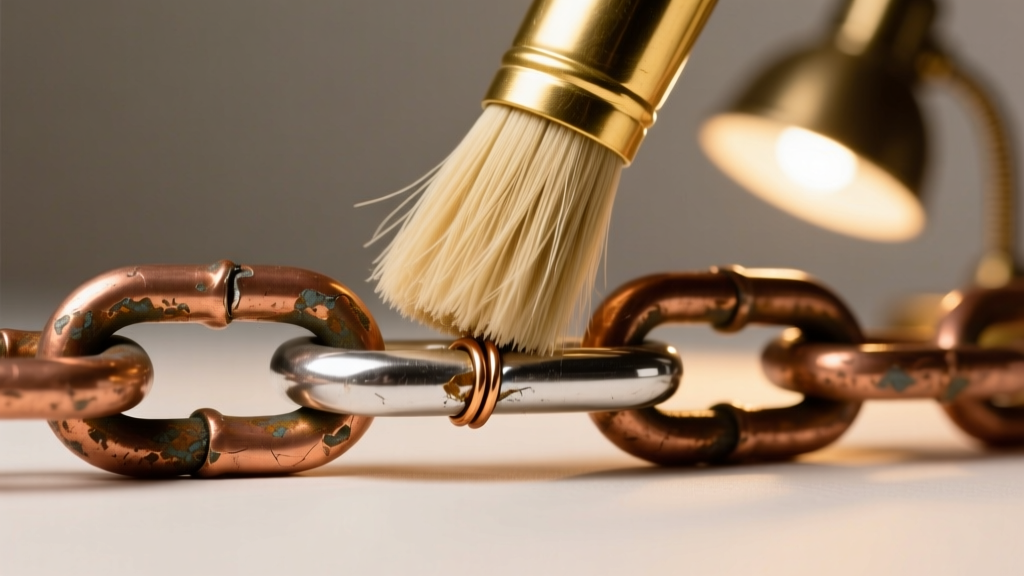 Soft brass brush scrubbing an oxidized solder seam on a copper chain link, revealing a shiny silver joint under a warm desk lamp