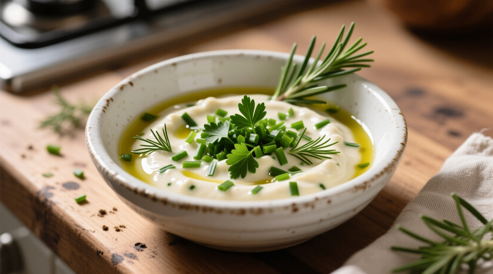 Homemade garlic sauce in white bowl with fresh herbs