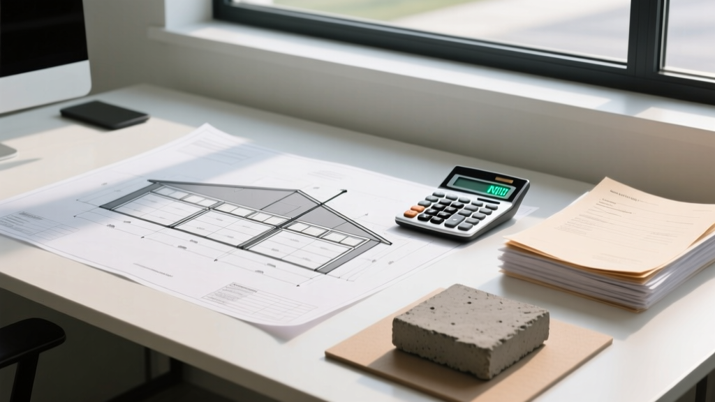 Detached garage blueprints on a desk beside a financial calculator, loan documents, and concrete samples in bright daylight