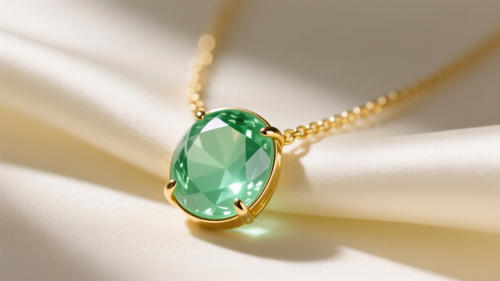 Close-up of a 14k yellow gold bezel-set prehnite necklace on cream silk, highlighting the translucent apple-green gem in soft light.