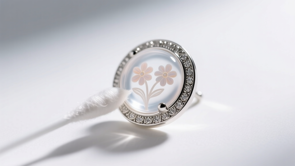 Close-up of a cotton swab dipped in mild soapy water gently cleaning the sterling silver border of a delicate resin art earring.