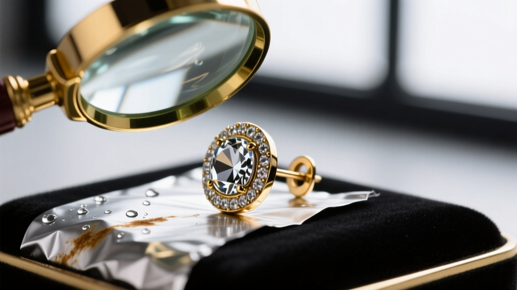 Close-up of a loupe inspecting the foil backing of a rhinestone on a vintage Anne Klein clip earring to check for moisture damage.