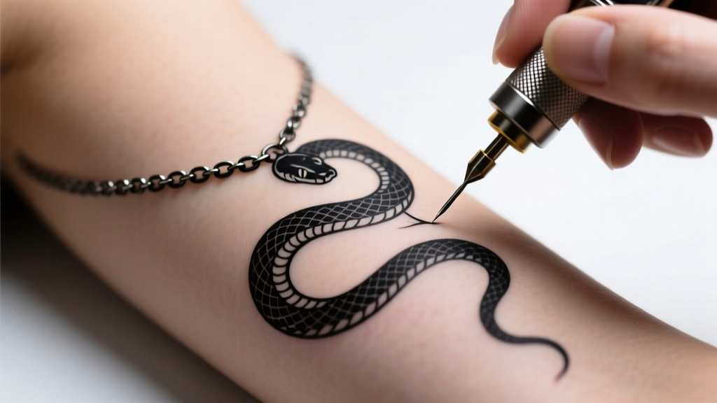 Macro shot of a tattoo machine with a 1RL needle sketching a black ink snake chain necklace design on a woman's upper sternum skin